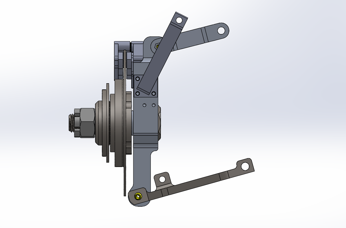 Side view of the front suspension with the redesigned rotor