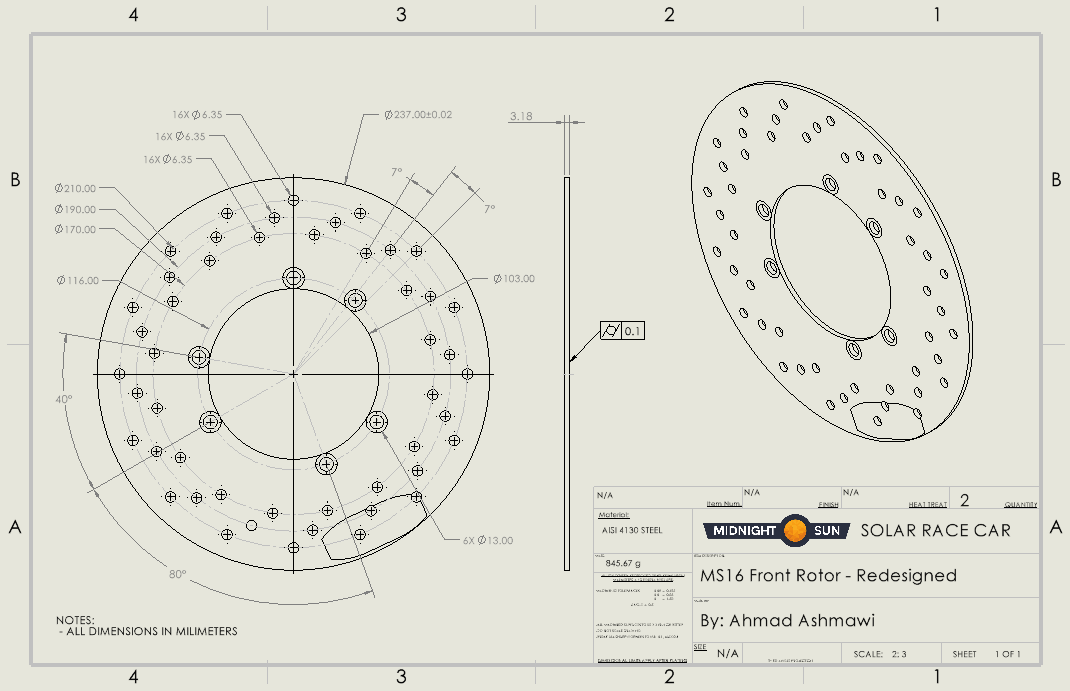 Engineering drawing for the redesigned MS16 front brake rotor